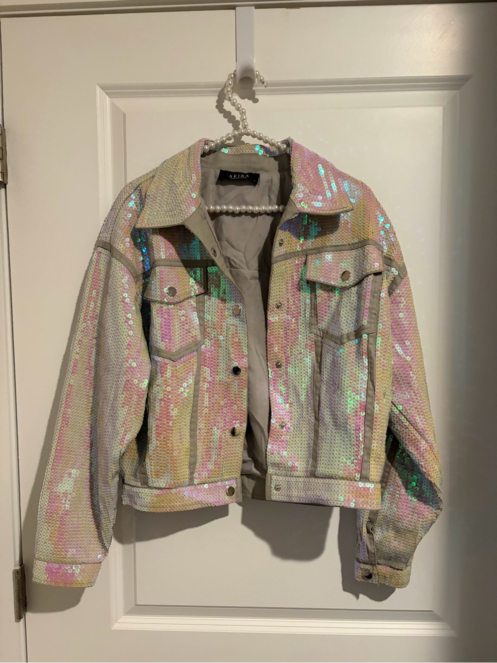 AKIRA Pastel Iridescent Sequin Jean Jacket